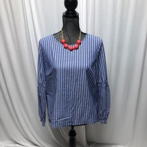 A New Day Blue Peasant Shirt Womens Large Blue Stripe Ties in Back Balloon Sleev - £10.01 GBP