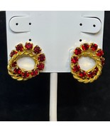 Vtg Gold Tone &amp; Red Glass Rhinestone Interlocking Wreath Clip On Earring... - $15.00