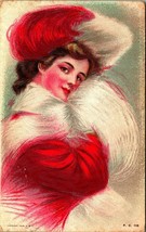 Gibson Girl Woman In Red Large Muff Textured 1909 DB Postcard - £15.48 GBP