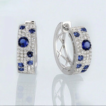 2.5Ct Round Cut Blue Sapphire and Diamond Huggie Earrings 14K White Gold Finish - £74.27 GBP