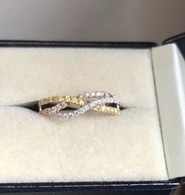 Certified Natural Pink Yellow &amp; White Diamond 14ct Three Tone Gold Handmade Ring - £1,582.71 GBP