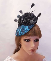 TURQUOISE BLUE &amp; BLACK  Hat Fascinator Beautiful Black lace covered blue hat  We - £36.76 GBP
