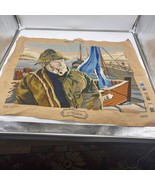 Vintage Handmade Embroidery Tapestry Needlepoint Old Fisherman and Sea M... - £70.02 GBP