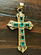 3:00Ct Emerald Lab-Created Green Emerald Cross Pendant 14k Yellow Gold F... - £156.94 GBP