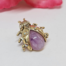 Purple Lucite Jelly Belly Bug Insect Gold Tone  Rhinestone Figural Pin - £14.05 GBP