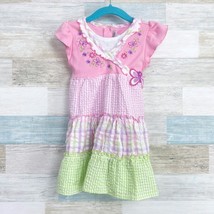 Youngland Butterfly Gingham Tiered Dress Pink Green Seersucker Toddler G... - $10.88