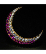 1.20Ct Round Cut Simulated Ruby  Gold Plated 925 Silver   Moon Brooch Pin - €151,01 EUR