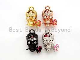 3D CZ Micro Pave Skull with Rose Flower Charm, 30x20mm - sku#F527 - $10.00