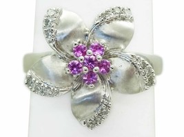 LeVian Natural Pink Sapphire &amp; Diamond Flower Ring 14k White Gold Size 10 - £1,038.96 GBP