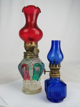 antique oil lamp lot X2 miniature small red blue green glass chimney - £27.19 GBP