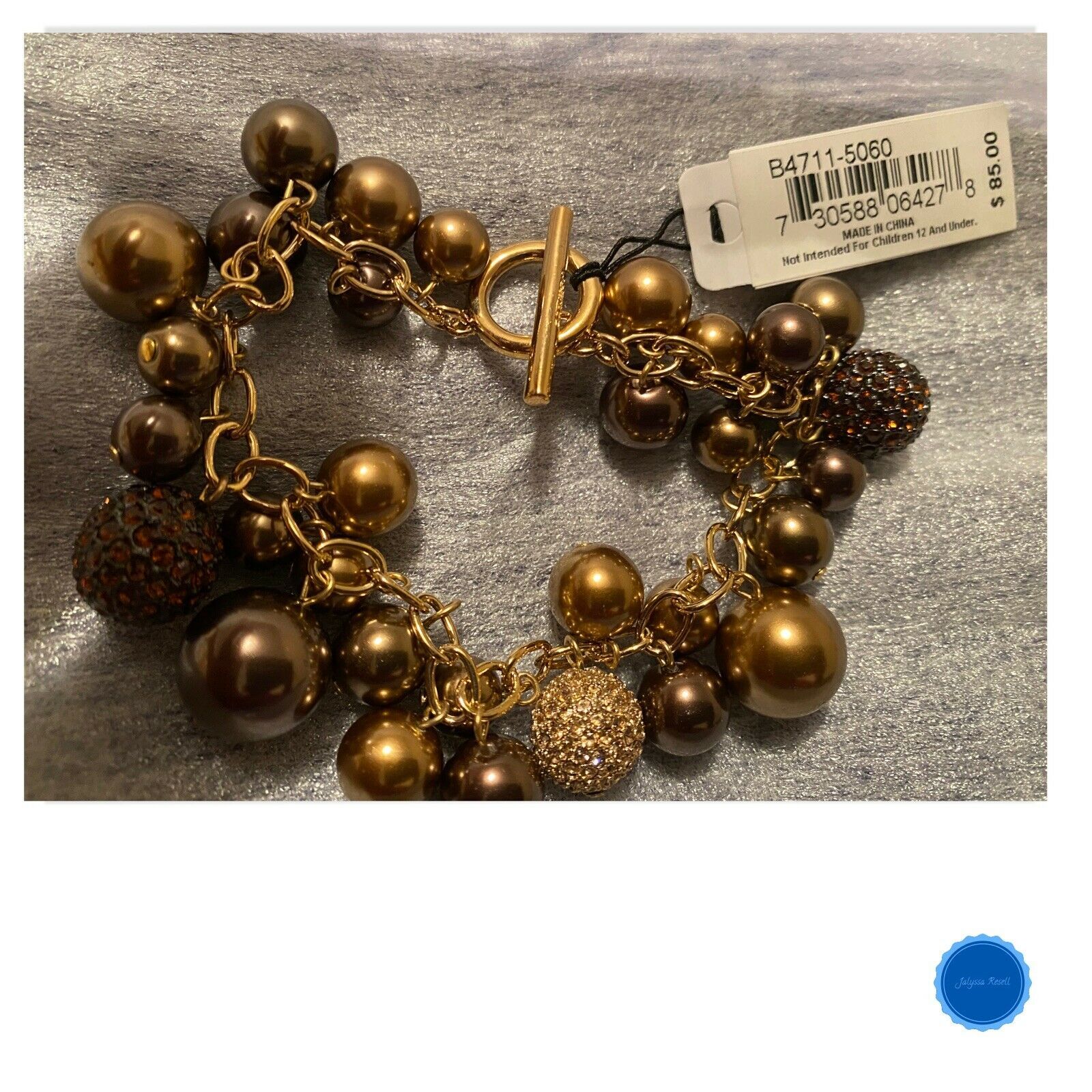 Carolee Toggle Bracelet with Brown Crystals and Pearl Bauble Balls - $75.00