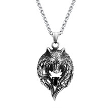 Men&#39;s Solid 316L Stainless Steel Wolf Head Charms Pendant Necklace Jewellery - £14.86 GBP