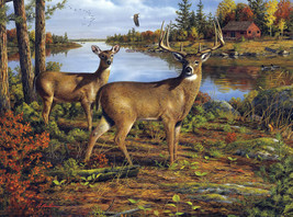 Framed Canvas Art Print Painting Deer Moose Wildlife Country Scene Log Cabin - £31.47 GBP+
