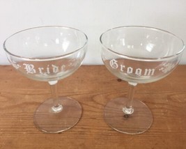 Pair Traditional Wedding Wine Glasses Etched Bride Groom Wide Stem Champ... - $29.99