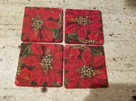 Vintage Cross Stitch Coaster Set of 4 Christmas Red Poinsettia With Trim Read - £11.84 GBP