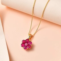 Natural Ruby Flower Shape Pendant Necklace, 14K Gold Plated Charm Necklace - £63.31 GBP