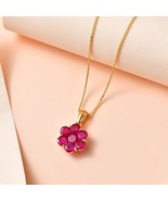 Natural Ruby Flower Shape Pendant Necklace, 14K Gold Plated Charm Necklace - £62.59 GBP