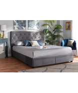 Paxton Gray Velvet Fabric Upholstered 2-Drawer Queen Size Platform Stora... - $10,873.55 MXN