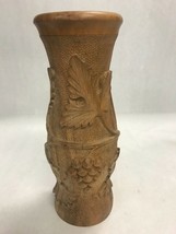 Wood carved vase hand made grape leaves vines 6 inch tall collectible - £26.43 GBP