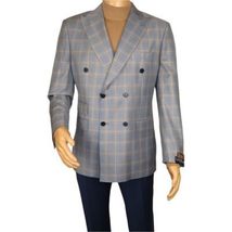 Men's Mono Double Breasted Blazer Super 180s Wool 1523-02 Blue Brown Plaid image 7