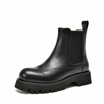 Chunky Boots Chelsea Women Cow Leather Brogue Round Toe Elastic Band Female Plat - £171.19 GBP