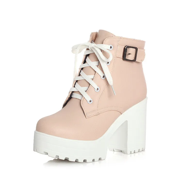 Vintage Buckle Thick Heel Short Boots Square Heel Women Platform  Pu  Up Short A - £227.97 GBP