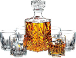 7-Piece Glass Decanter and Whisky Glasses Set Italian Crafted 6 Cocktail Glasses - £51.77 GBP