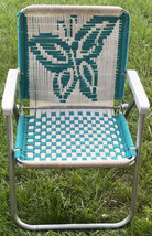 Vintage Boho Macrame Woven Aluminum Folding Lawn Patio Chair Butterly Blue White - £63.86 GBP