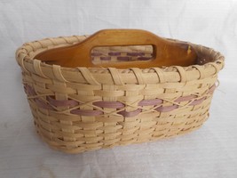 Beige w Purple Trim Woven Cracker Bread Basket Divider Wooden Bottom 5.5... - $21.99