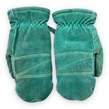 Vintage Retro 80s Ski Snow Mittens Sherpa Lined Insulated Green Suede Le... - $24.74