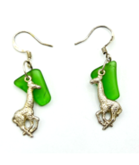 Green Sea Glass Silver Tone Giraffe Dangle Earrings - $15.84