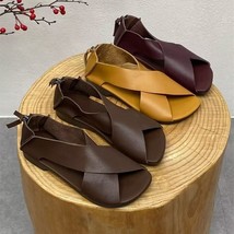 Handmade Artistic Retro Peep Toe Soft Flat Bottom Soft Leather Women&#39;s S... - €38,50 EUR