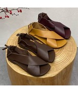 Handmade Artistic Retro Peep Toe Soft Flat Bottom Soft Leather Women&#39;s S... - $61.72 CAD