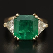 18K Yellow Gold Cushion Cut Emerald and Diamond Engagement Wedding Gift Ring - £1,964.44 GBP