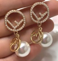 Letter F Off White Akoya Pearl Swarovski Dangle Y2K Earrings Designer Ganni Wang - £12.02 GBP