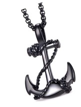 Mens Stainless Steel Nautical Anchor Necklace Navy - £58.83 GBP
