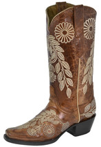 Womens Western Boots Cognac Leather Floral Embroidered Square Size 6.5, ... - $1,468.85 MXN