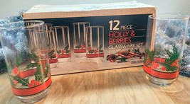 12 pc Libbey Glassware Set Holly &amp; Berries 16 oz Holiday Xmas Glasses 23540 - £35.25 GBP