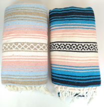 2 Sarape Southwestern Striped Woven  Throw Blankets w/Fringe Blue Pink Mexico - £47.06 GBP