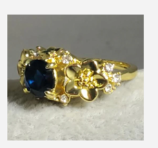 Gold Blue Gemstone Flower Rhinestone Style Ring Size 6 7 8 9 10 - £31.92 GBP