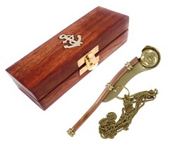 Nautical Brass Boatswain/Bosun pipe whistle chain with wooden box - £15.64 GBP
