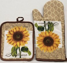 2 Pc Kitchen Set: 1 Oven Mitt (13&quot;) &amp; 1 Pot Holder Sunflower W/Brown Back Bh Hom - £18.55 GBP