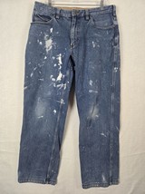 Duluth Trading Mens Blue Denim Jeans 37x32 100% Cotton Paint Splatter Di... - $19.68