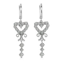 Women 14k White Gold Heart Shaped Drop Chandelier White Sapphire Huggie Earring  - £272.83 GBP