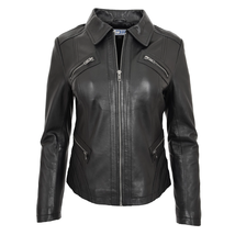 DR223 Women&#39;s Classic Leather Biker Zip Box Jacket Black - £119.65 GBP