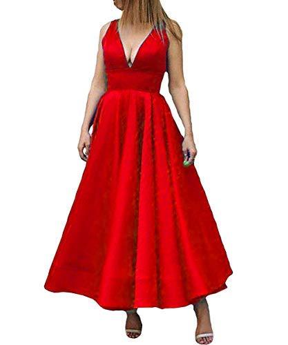 V Neck A Line Ankle Length Corset Backless Formal Prom Evening Dress Red US 4
