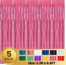 5 Pack 3.3 x 6.6 FT Pink Foil Fringe Backdrop Curtain Streamer Backdrop Curtains - £17.77 GBP