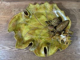 Green Brown Fall Leaf Plate Dish Pine Cones Acorns Oak Leaf Decorative Leaf - $24.18