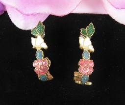 FLORAL &amp; BUTTERFLIES Vintage PIERCED EARRINGS Cloisonne Enamel Goldtone ... - $15.83