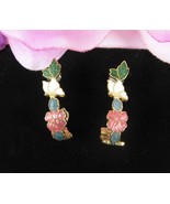 FLORAL &amp; BUTTERFLIES Vintage PIERCED EARRINGS Cloisonne Enamel Goldtone ... - €13,70 EUR